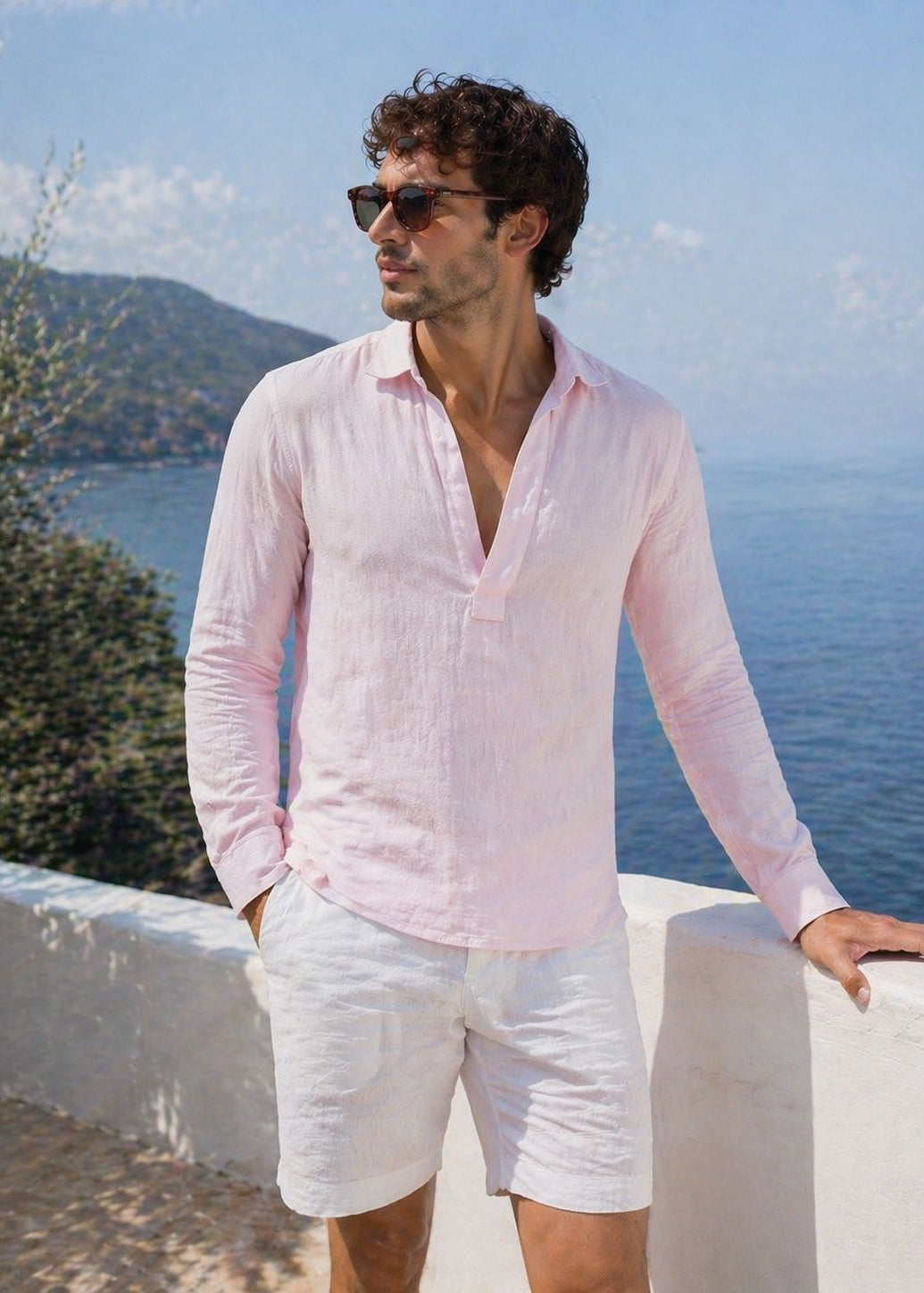 Men's Mariner V Placket Pull On Linen Shirt