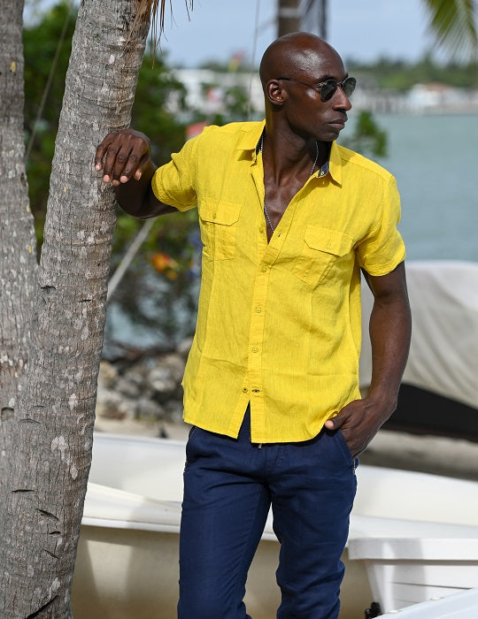 Aruba Solid Short Sleeve Cargo Linen Shirts