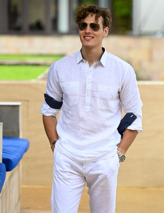 Men's Ibiza Long Sleeve Solid Pull on Linen Shirts, S / White