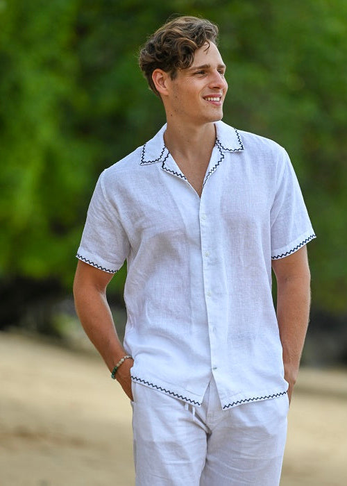 Men's Maldini Short Sleeve Linen Shirt with Embroidery