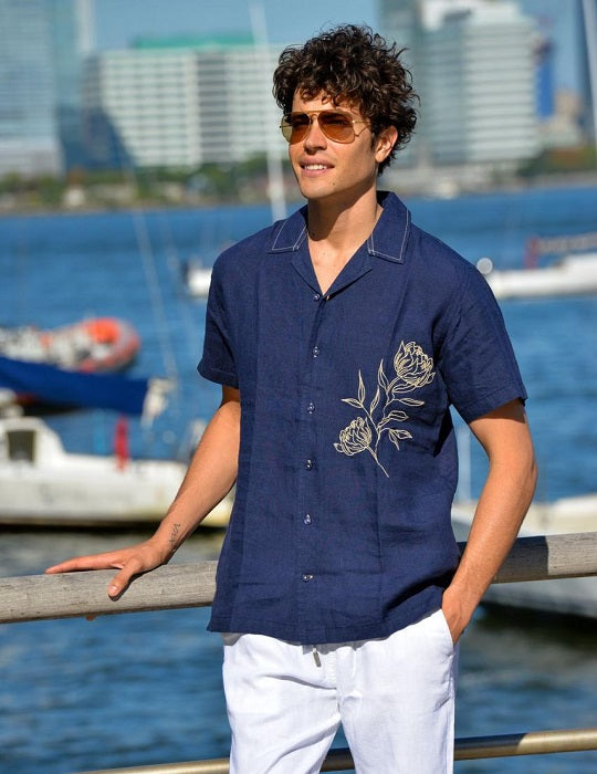 Mustique Embroidered Short Sleeve Camp Collar Linen Shirts
