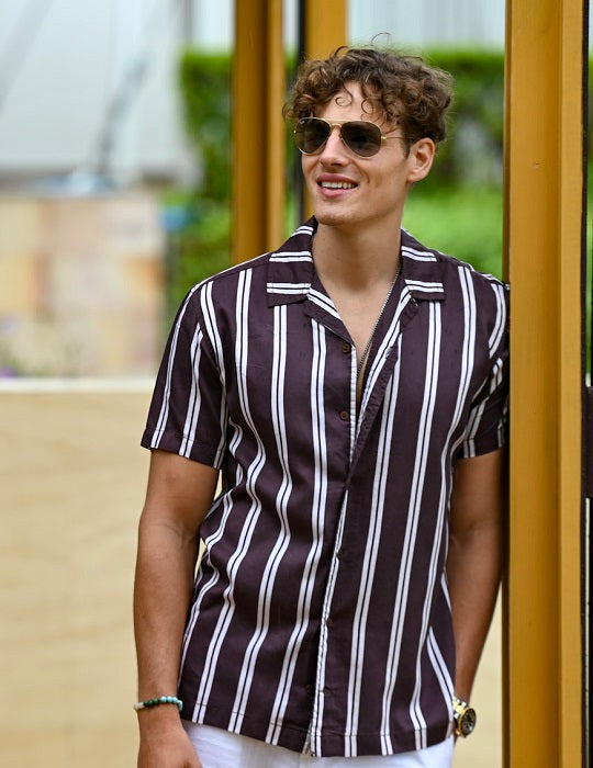 Mustique Patterned Short Sleeve Camp Collar Linen Shirts - Sporty Stripes