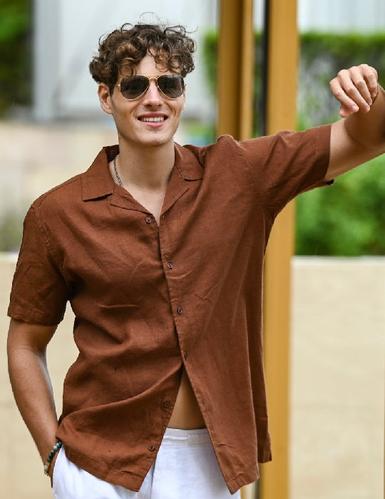Men's Mustique Solid Short Sleeve Camp Collar Linen Shirt - Chocolate Brown S / Chocolate Men's Mustique Solid Short Sleeve Camp Collar Linen Shirt - Chocolate Brown S / Chocolate