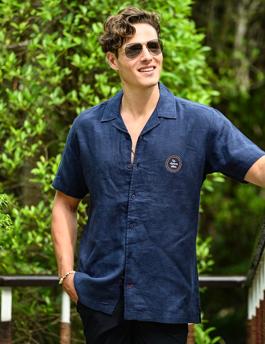 Mustique Solid Short Sleeve Camp Collar Linen Shirts - La Dolce Vita Embroidery