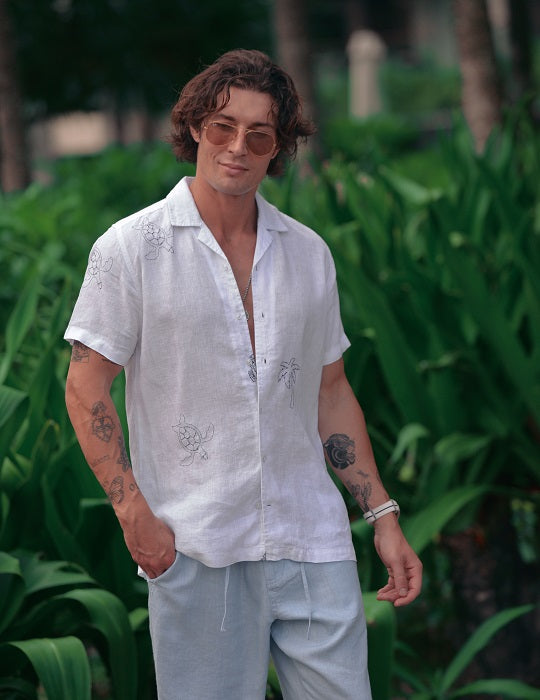Mustique All Over Embroidered Short Sleeve Camp Collar Linen Shirts