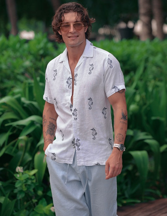 Mustique All Over Embroidered Short Sleeve Camp Collar Linen Shirts