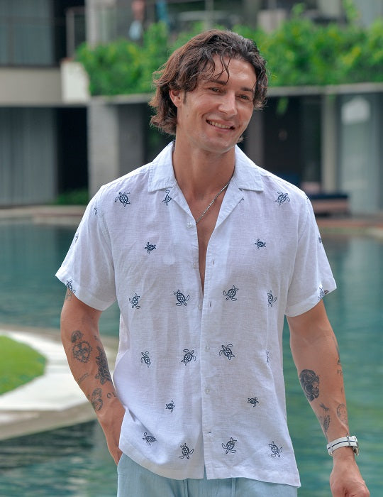 Mustique All Over Embroidered Short Sleeve Camp Collar Linen Shirts