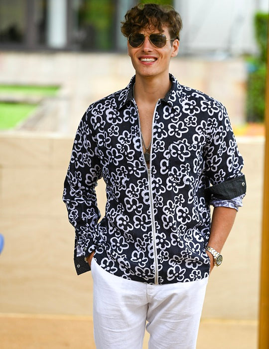 Pitt Patterned Long Sleeve Linen Zip Front Shirts - Mirasol