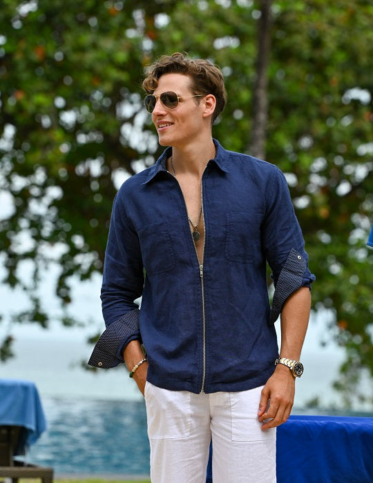 Men's Pitt Solid Long Sleeve Linen Zip Front Shirts