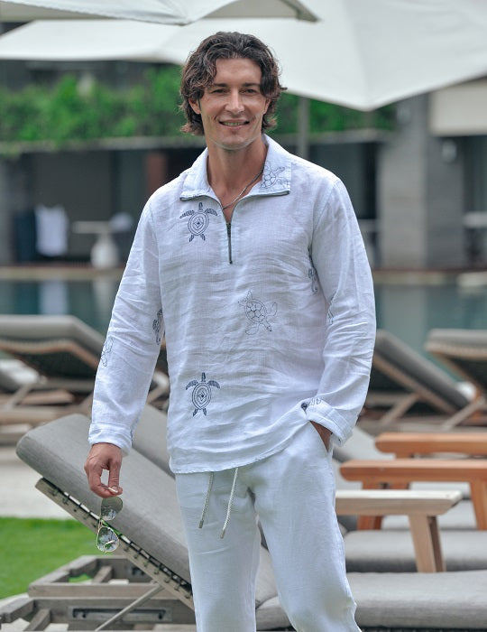 Sicily All Over Embroidered Long Sleeve Zip Up Linen Shirts