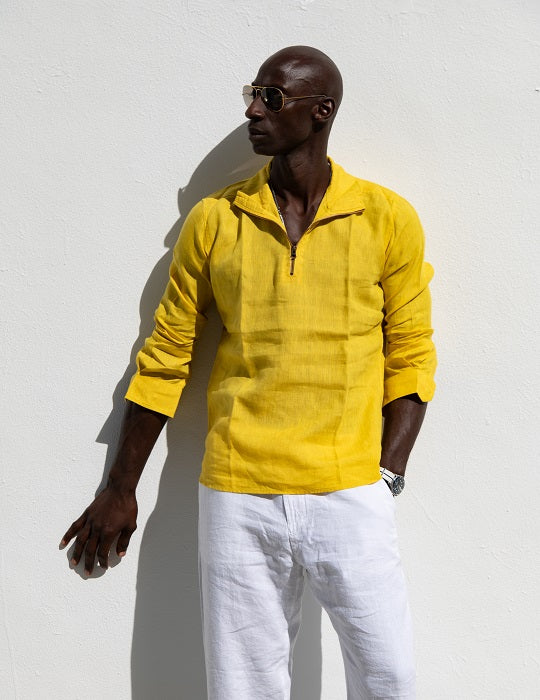 zipper dress shirt Men's Sicily Solid Long Sleeve Zip Up Linen Shirts 2XL / Mango Yellow