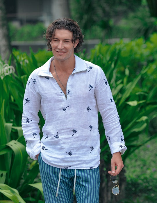 Sicily All Over Embroidered Long Sleeve Zip Up Linen Shirts