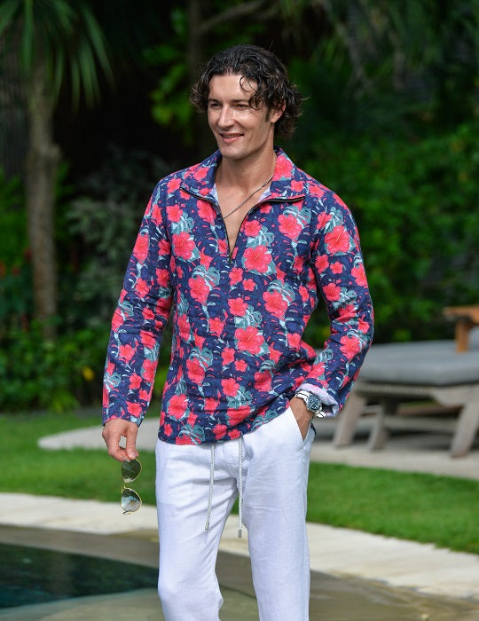 Men's Sicily Patterned Long Sleeve Zip Up Linen Shirts