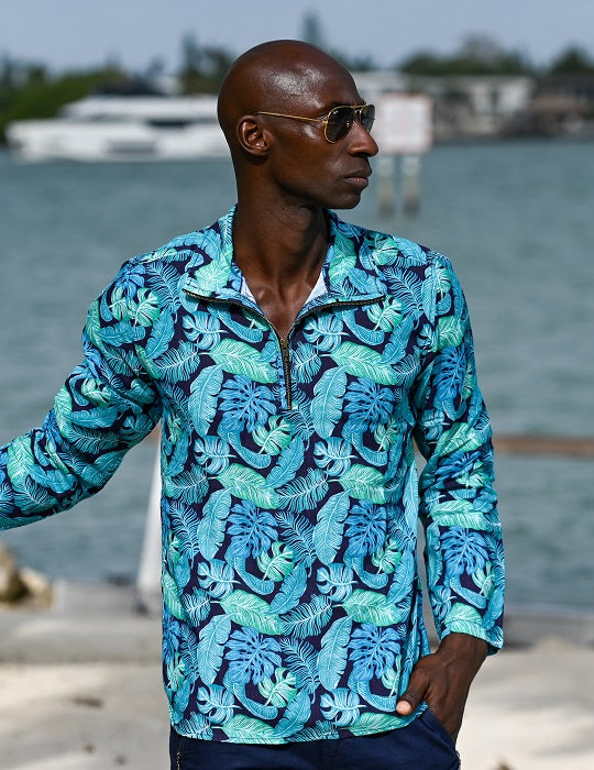 Men's Sicily Patterned Long Sleeve Zip Up Linen Shirts