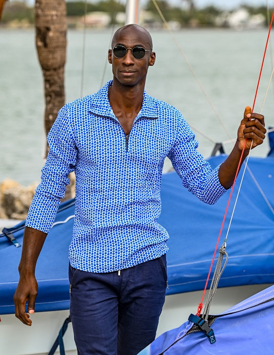 Men's Sicily Patterned Long Sleeve Zip Up Linen Shirts