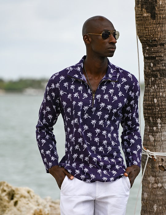 Men's Sicily Patterned Long Sleeve Zip Up Linen Shirts