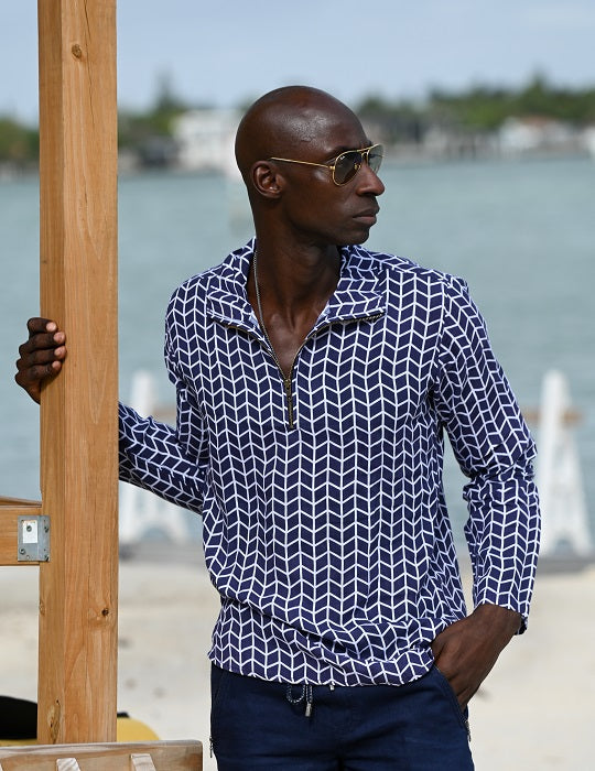 Men's Sicily Patterned Long Sleeve Zip Up Linen Shirts