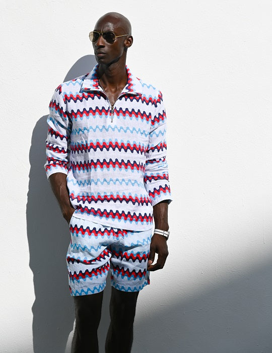 Men's Sicily Patterned Long Sleeve Zip Up Linen Shirts