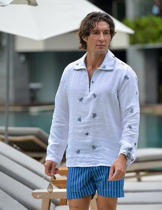 Sicily All Over Embroidered Long Sleeve Zip Up Linen Shirts