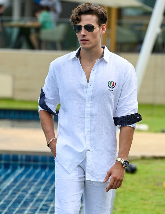 Men's St Barth with Italy Embroidery Linen Long Sleeve Shirts