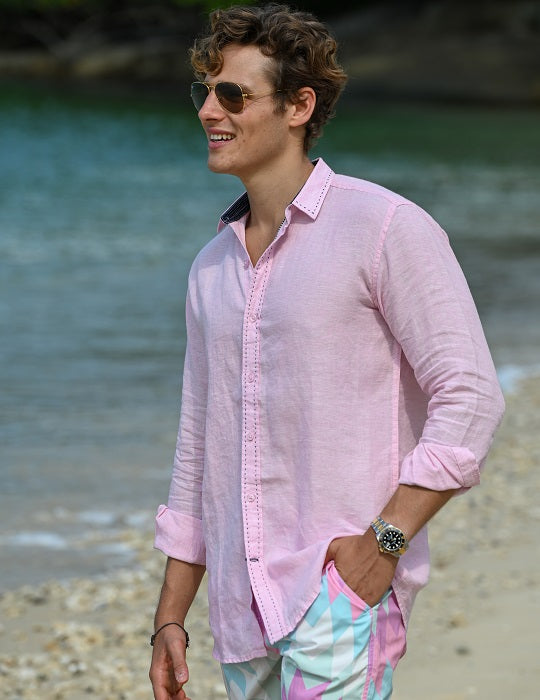 St Barth Saddle Stitch Solid Linen Long Sleeve Shirts