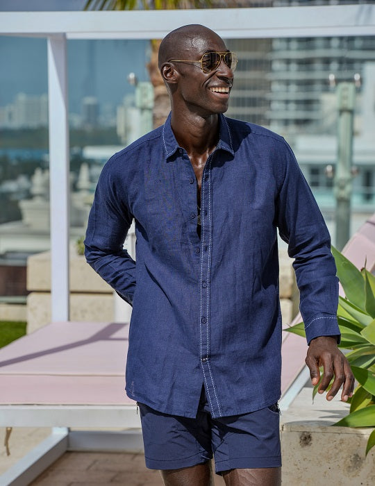 St Barth Saddle Stitch Solid Linen Long Sleeve Shirts