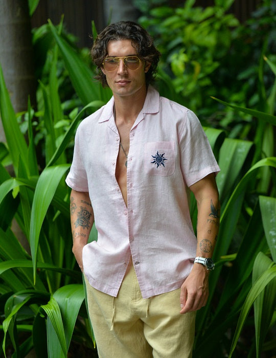 Tenerife Short Sleeve Camp Collar Linen Shirt with Distinctive Sun Embroidery on Pocket
