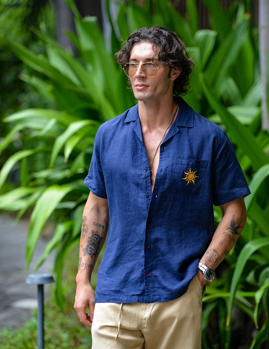 Tenerife Short Sleeve Camp Collar Linen Shirt with Distinctive Sun Embroidery on Pocket