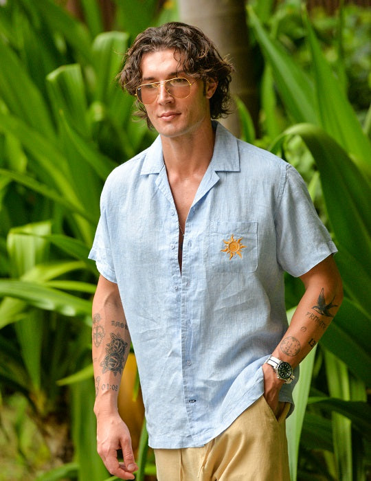 Tenerife Short Sleeve Camp Collar Linen Shirt with Distinctive Sun Embroidery on Pocket