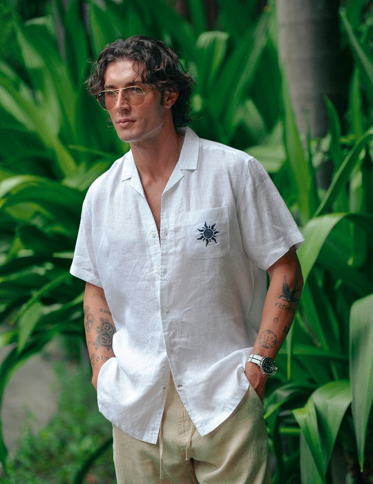 Tenerife Short Sleeve Camp Collar Linen Shirt with Distinctive Sun Embroidery on Pocket