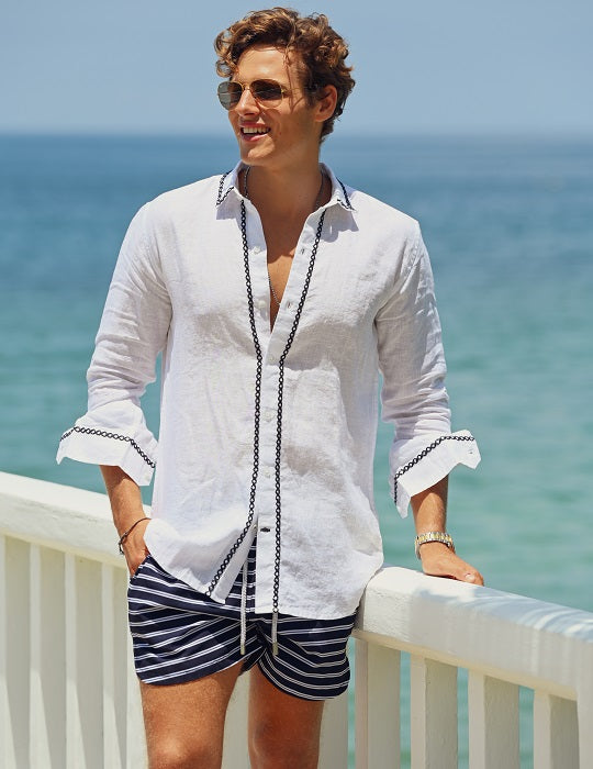 Zidane Solid Linen Long Sleeve Shirts with Panel Embroidery
