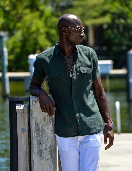Aruba Solid Short Sleeve Cargo Linen Shirts