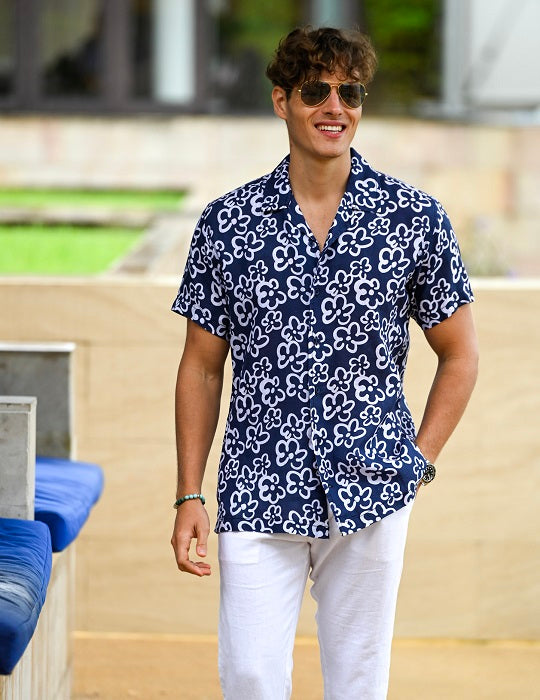 Men's Mustique Patterned Short Sleeve Camp Collar Linen Shirts - Mirasol