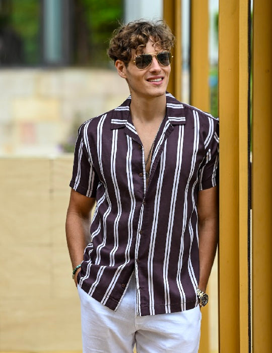 Mustique Patterned Short Sleeve Camp Collar Linen Shirts - Sporty Stripes
