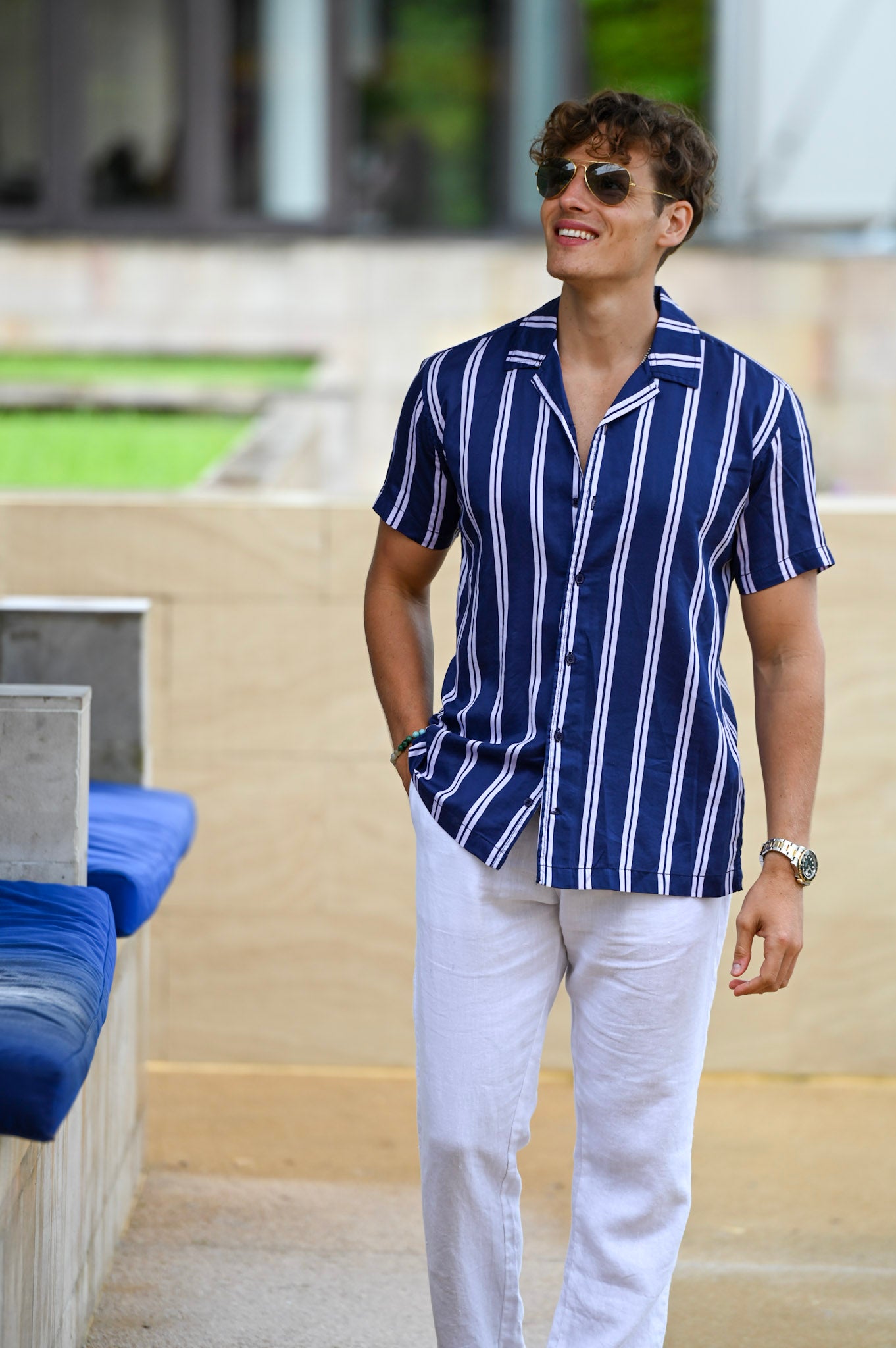 Mustique Patterned Short Sleeve Camp Collar Linen Shirts - Sporty Stripes