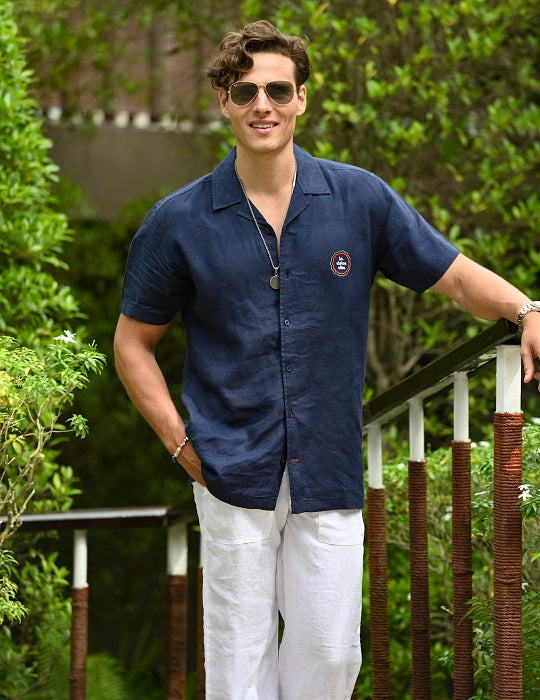 Men's Mustique Solid Short Sleeve Camp Collar Linen Shirt - La Dolce Vita Embroidery