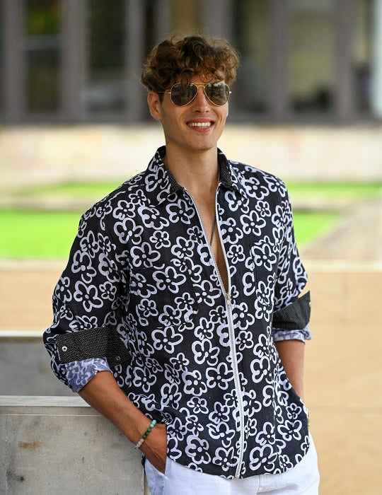 Pitt Patterned Long Sleeve Linen Zip Front Shirts - Mirasol