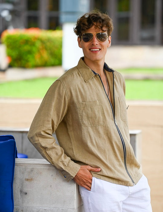 Pitt Solid Long Sleeve Linen Zip Front Shirts