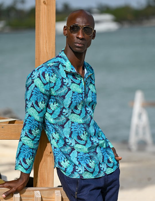 Men's Sicily Patterned Long Sleeve Zip Up Linen Shirts