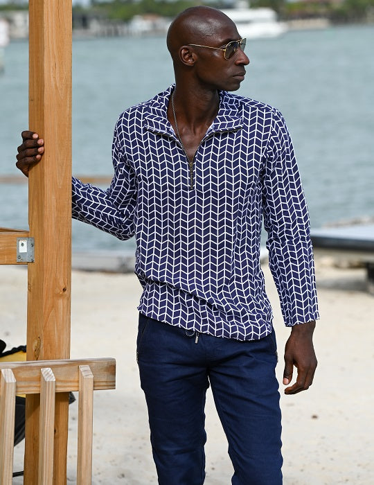 Men's Sicily Patterned Long Sleeve Zip Up Linen Shirts