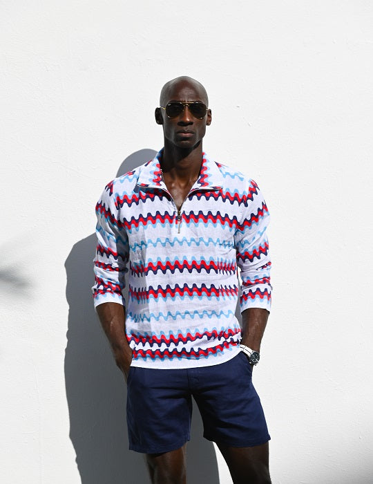 Men's Sicily Patterned Long Sleeve Zip Up Linen Shirts