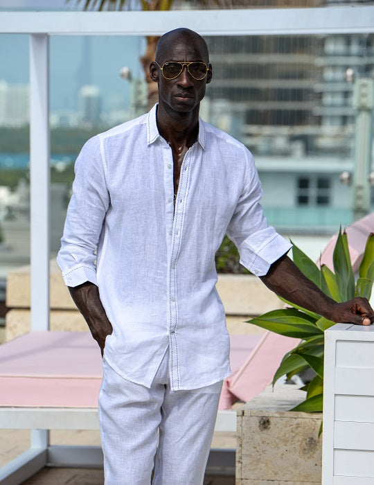 St Barth Saddle Stitch Solid Linen Long Sleeve Shirts