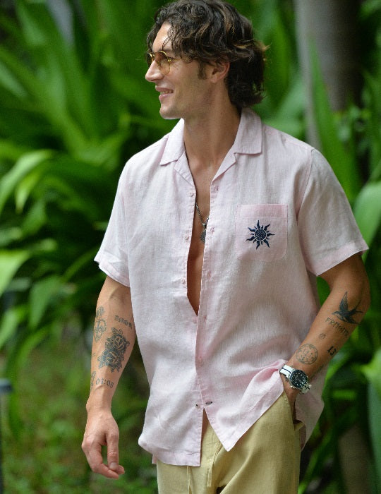 Tenerife Short Sleeve Camp Collar Linen Shirt with Distinctive Sun Embroidery on Pocket