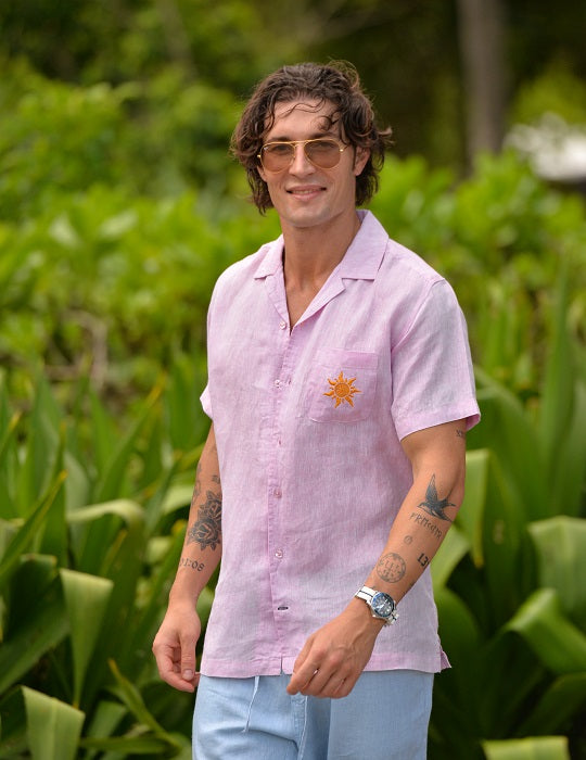 Tenerife Short Sleeve Camp Collar Linen Shirt with Distinctive Sun Embroidery on Pocket