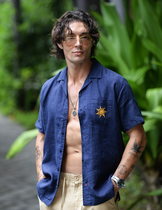 Tenerife Short Sleeve Camp Collar Linen Shirt with Distinctive Sun Embroidery on Pocket