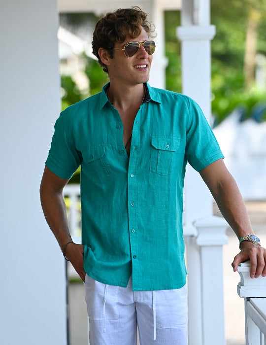 Aruba Solid Short Sleeve Cargo Linen Shirts