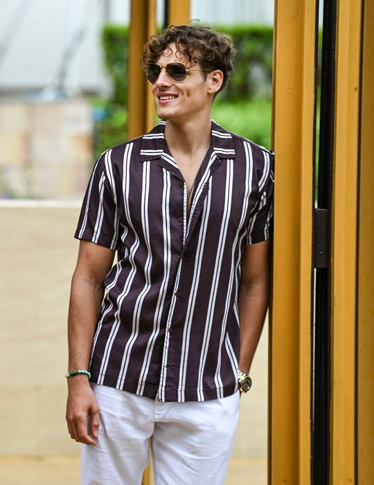 Mustique Patterned Short Sleeve Camp Collar Linen Shirts - Sporty Stripes