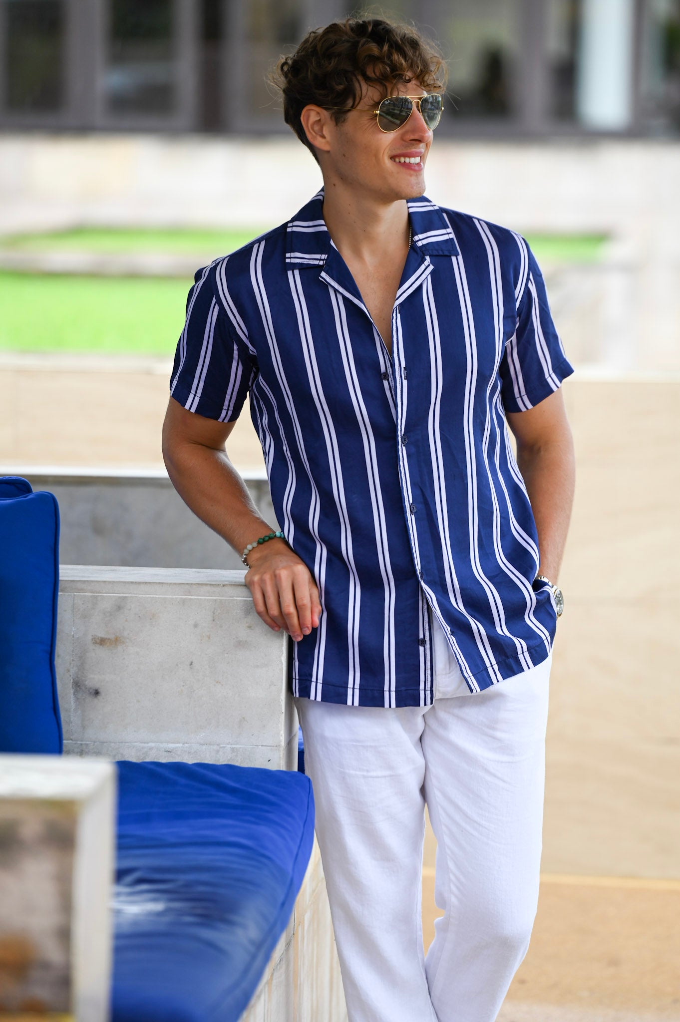 Mustique Patterned Short Sleeve Camp Collar Linen Shirts - Sporty Stripes