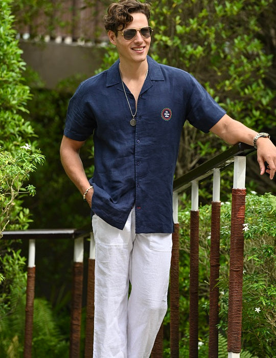 Men's Mustique Solid Short Sleeve Camp Collar Linen Shirt - La Dolce Vita Embroidery