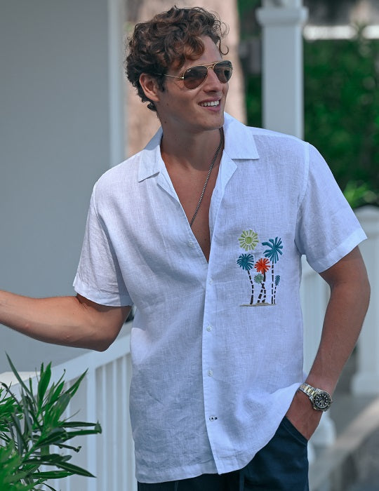Mustique Palms Linen Short Sleeve Shirts with Chest Embroidery